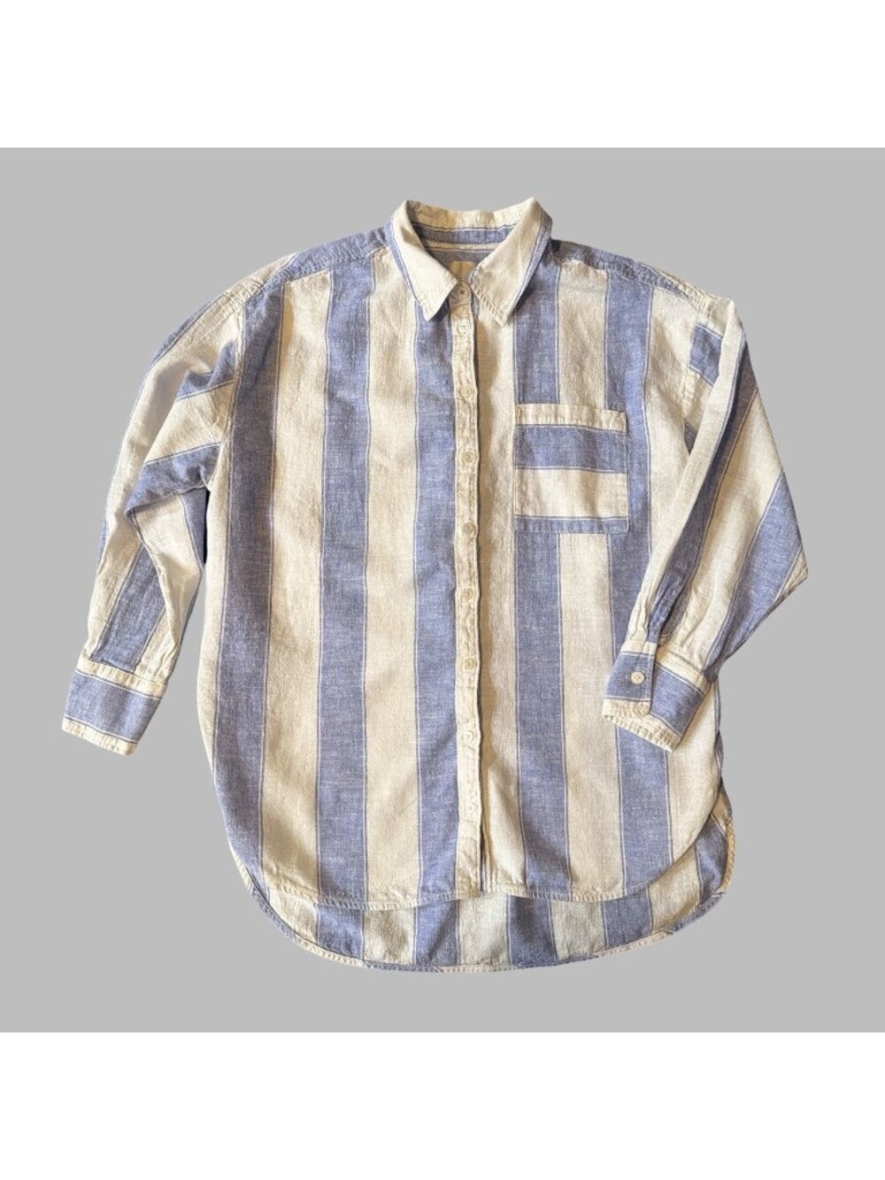 Maeve by Anthropologie Sz M Boyfriend Blue/White Striped Linen Button Down Shirt